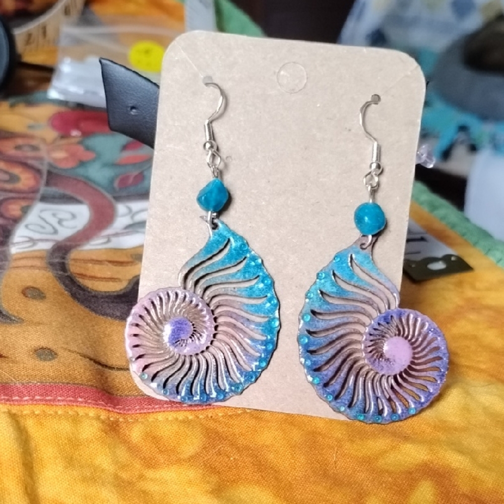 Hand Crafted Nautilus Shell Earrings With Neon Apatite